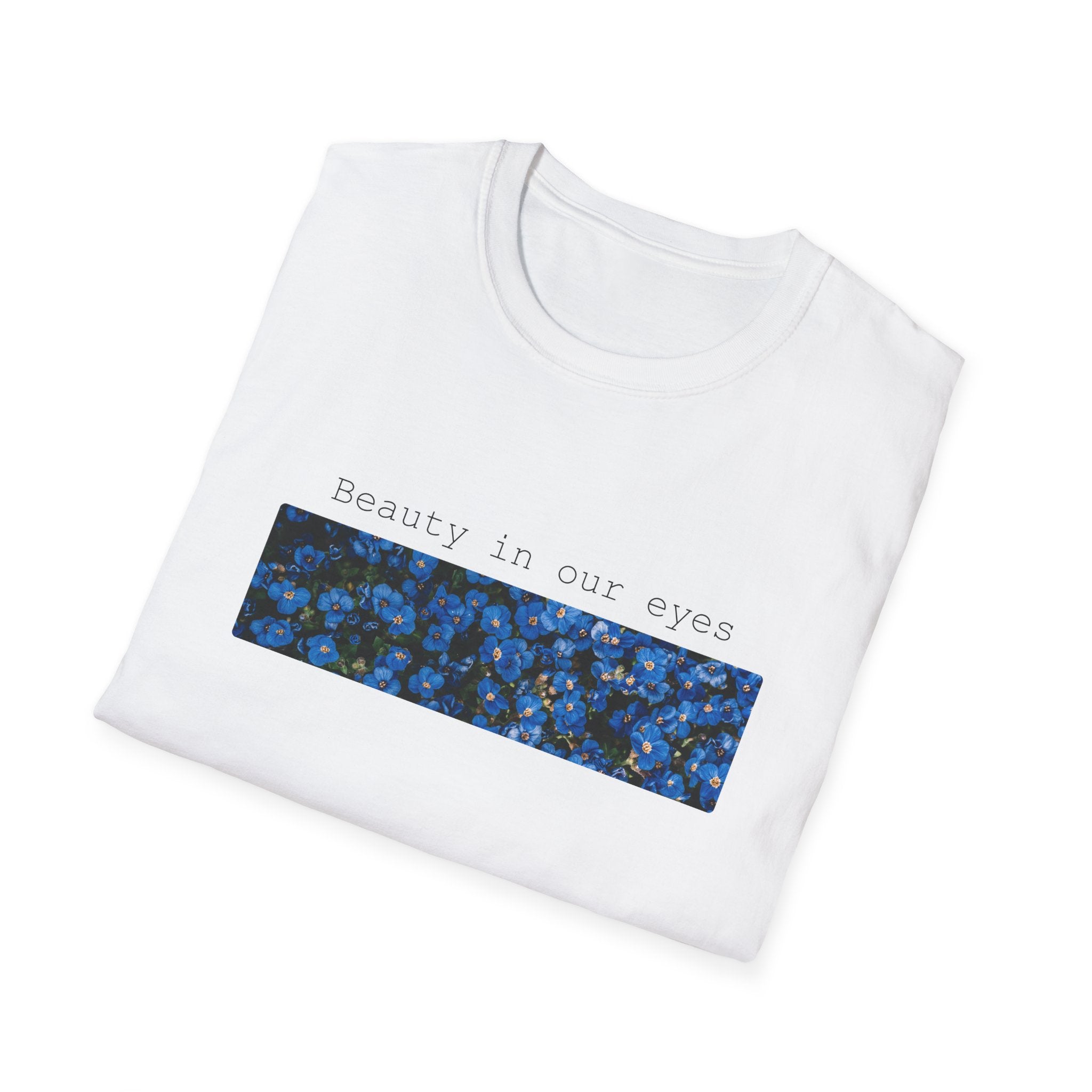 T-Shirt — "Beauty In Our Eyes" Blue Floral Bar Graphic