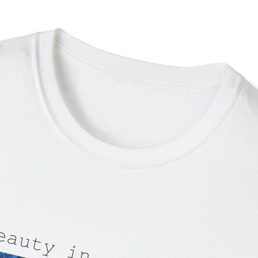 T-Shirt — "Beauty In Our Eyes" Blue Floral Bar Graphic