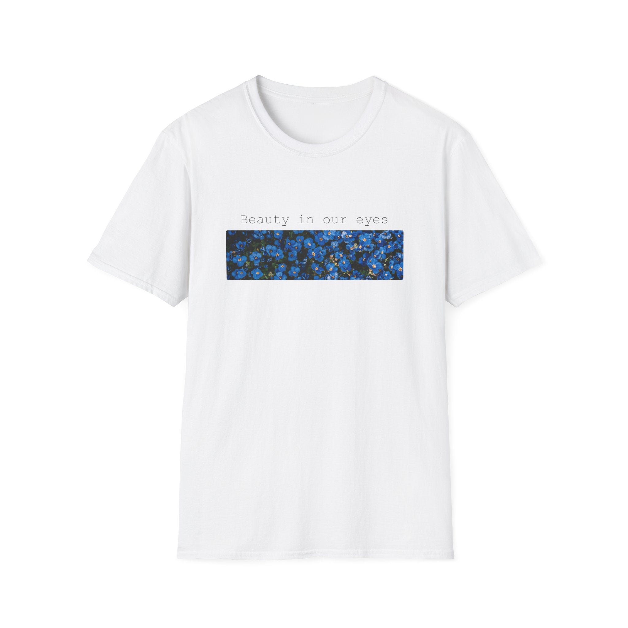 T-Shirt — "Beauty In Our Eyes" Blue Floral Bar Graphic
